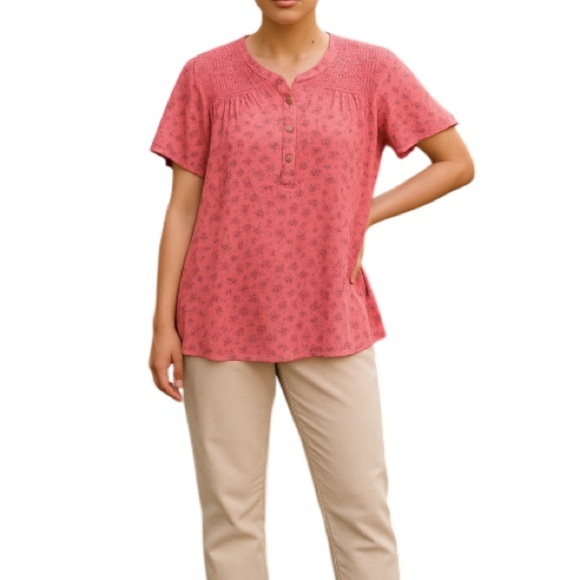 My Style Floral Flutter Sleeve Top Coral Pink Smock Shoulders 1/4 Button 1X - Picture 1 of 12